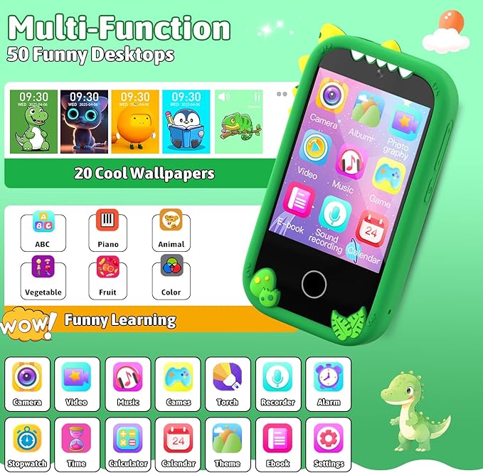 BEBESIRI Kids Camera Mini Smartphone Toy for Girls, 2.8" Touch Screen, 22 Learning Games, Dual Camera, Music Player, 32GB Card | Educational Gift for Christmas & Birthday (Mint Green)