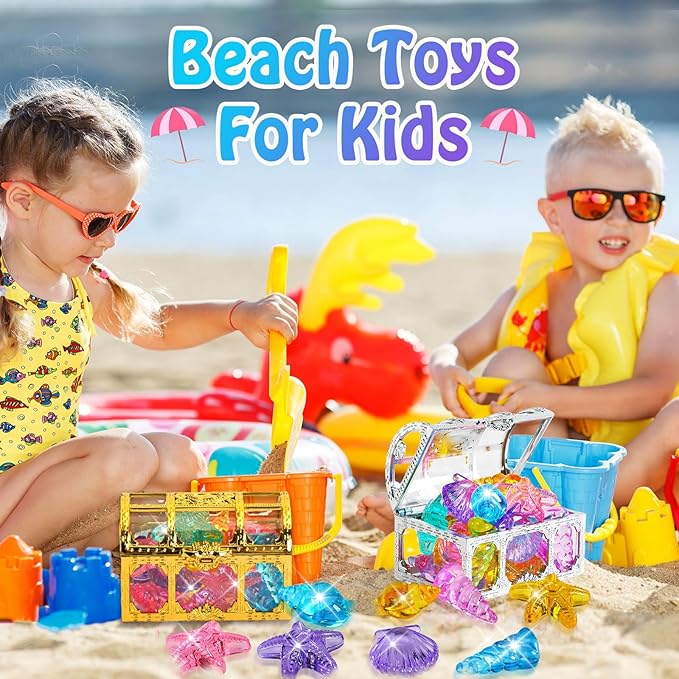 MARFOREVER 38 Pcs Pool Toys, 36 Diving Gems for Kids Colorful Sinking Diving Gems Assorted Crystals Gems with 2 Pirate Treasure Chest Boxes Mesh Bag for Boys Girls Swimming Beach Bathroom Water Toys