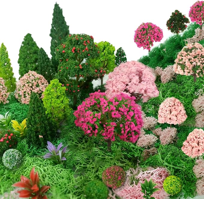 QuarenDen Mixed Model Trees, Model Train Scenery, 37Pcs, Miniature Trees with Moss for Building Model, Natural Green Landscape, Railroad Scenery