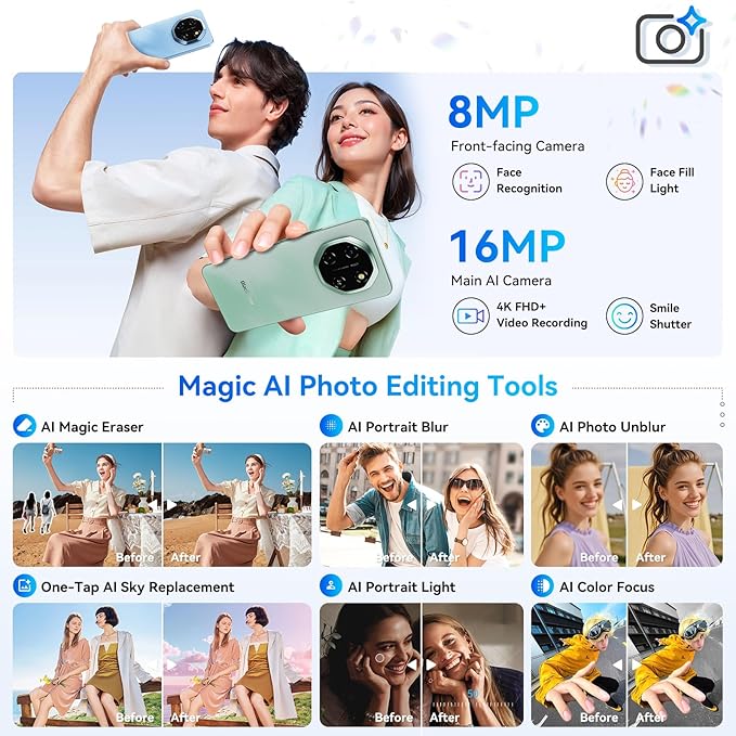 Blackview Shark 6 Unlocked Android Phones 5G (2025), Android 15 Cell Phone Unlocked, 6.88" 120Hz Display, 24GB+128GB/2TB, 16MP+8MP AI Camera, 5000mAh/18W,Fingerprint/Face ID,Dual SIM/GPS/OTG/NFC,Black