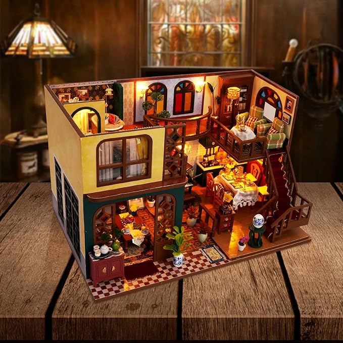 DIY Miniature House Kit, Dollhouse Kit with Light and Dust Cover, Mini House Building Kits for for Adult to Building, Christmas Home Decorations Gifts for Family and Friends, Retro Loft