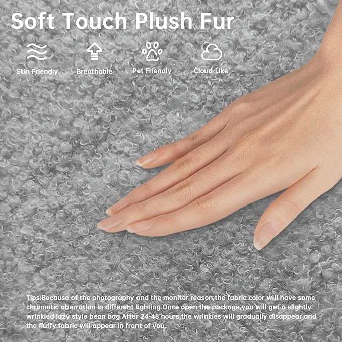 Memory Foam Bean Bag Chair for Adults, Teddy Material Beanbag Sofa with Filler, Cozy Floor Lounge Seat for Living Room, Bedroom, Dorm, Office (Grey)