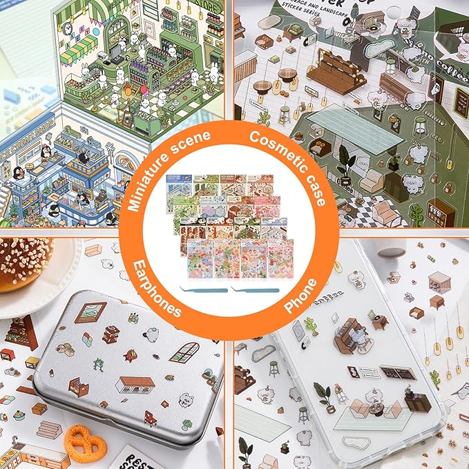 DIY 3D House Sticker, Creative 3D Stickers Scene, Fun 3D House Sticker Set, Decorative 3D Room Sticker, Cartoon 3D Miniature Scene Stickers for Adults Kids to Make Your Own Mini Room Scenes (Set 2)