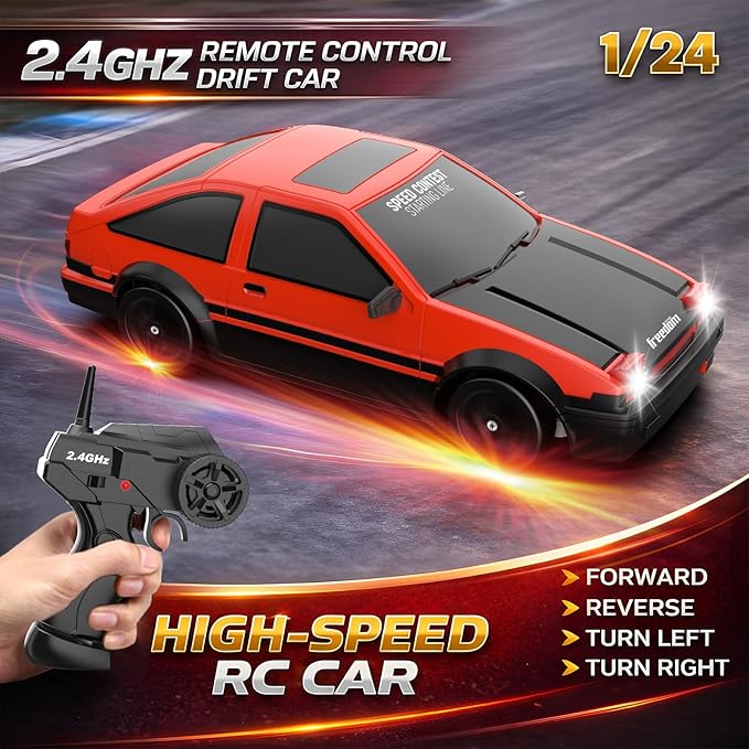 Remote Control Car RC Drift 2.4GHz 1:24 Scale 4WD 15KM/H High Speed Model Vehicle with LED Lights Drifting Tire Racing Sport Toy for Adults Boys Girls Kids Gift 2Pcs Rechargeable Batteries