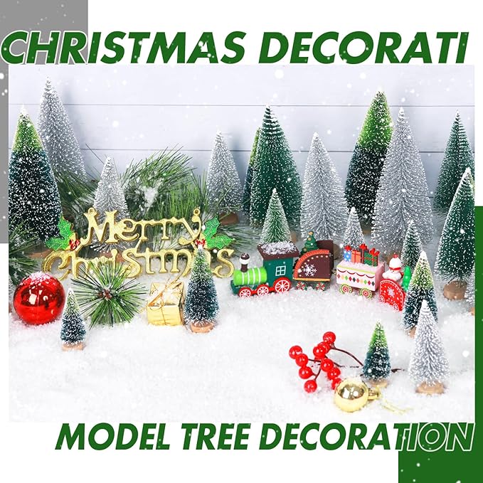 30Pcs Mini Christmas Tree Decor, Artificial Christmas Tree 5 Sizes,Mini Sisal Snow Frost Trees with Wooden Base for Christmas Decor Christmas Party Home Table Craft Decorations (B/Green/Silver)