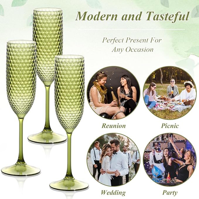 Plastic Champagne Flutes Champagne Glasses Unbreakable Wedding Toasting Glasses Reusable Diamond Wine Glasses Crystal Clear Party Wine Cups Vintage Drinking Glasses 5.5 OZ for Wedding (24, Green)