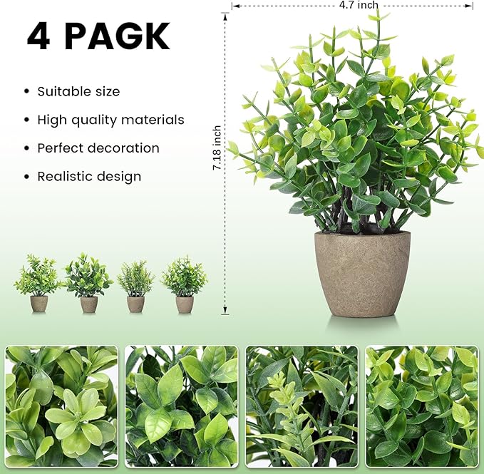 FAVOWREATH 4 Pack Fake Plants Ceramic Mini Artificial Greenery Potted Plants for Home Decor Office Decor Room Decor Farmhouse Decor Indoor Table Bathroom Decor