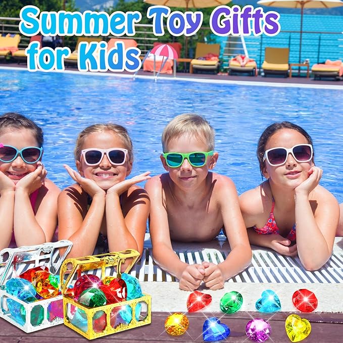 MARFOREVER 12 Pcs Large Dive Gems, Big Colorful Diamond Gems for Kids with 2 Pirate Treasure Chest Boxes Mesh Bag Underwater Pool Sinking Gems Crystal for Boys Girls Swimming Beach Bathroom Water Toys