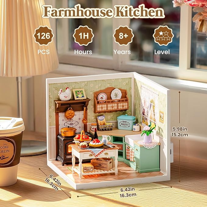 ROBOTIME Super Creator Kits, Plastic Mini House, Expandable Plastic Craft, DIY Miniature House Kit with LED for Adults, Building Set for Creative Play Unique Hobby Gift (Farmhouse Kitchen)