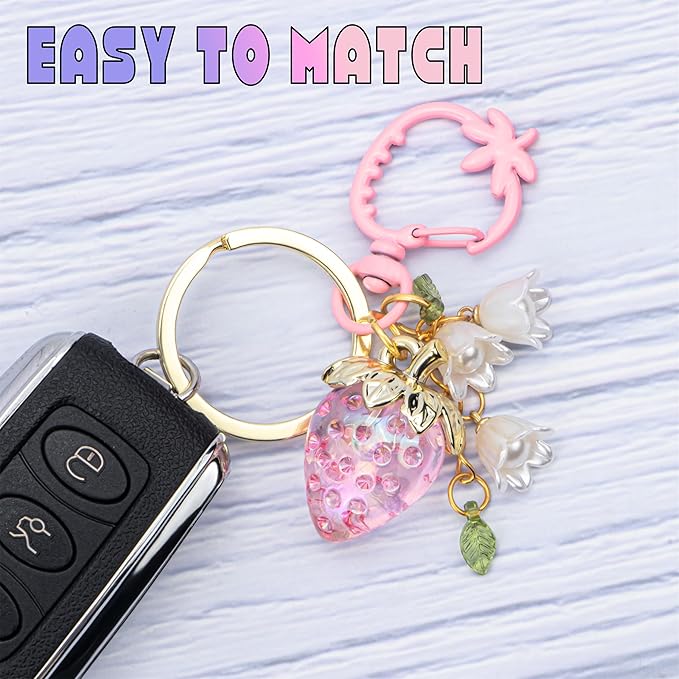 Wikavanli Cute Strawberry Keychain,Bag Charms,Kawaii Heart Flower Daisy Key chains Accessories Decor for Women Girls Purse