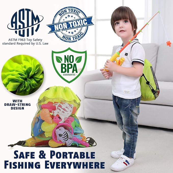 CozyBomB™ Magnetic Fishing Toys Game Set for Kids | Water Table Bathtub Kiddie Pool Party Pole Rod Net, Outdoor Plastic Floating Fish, Toddler Bath Color Ocean Sea Animals Birthday Gift Age 3-5 6 4-8