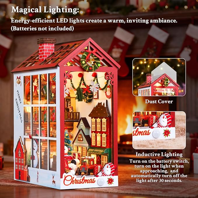 Christmas Book Nook Kit, DIY Dollhouse with Sensor Led Light, Wooden Puzzles, Exclusive, for 14+ Teens and Adults Building