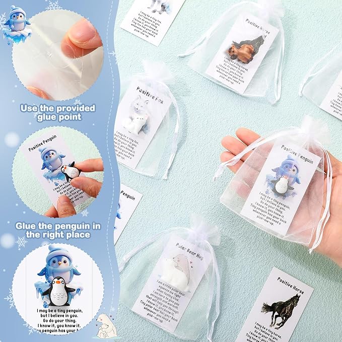 Suzile 50 Set Employee Appreciation Gifts Bulk Mini Polar Animal Figures Thank You Team Gift Pun Inspirational Card for Coworker Funny Resin Penguin Polar Bear Fox Alpaca Pony Office Favor