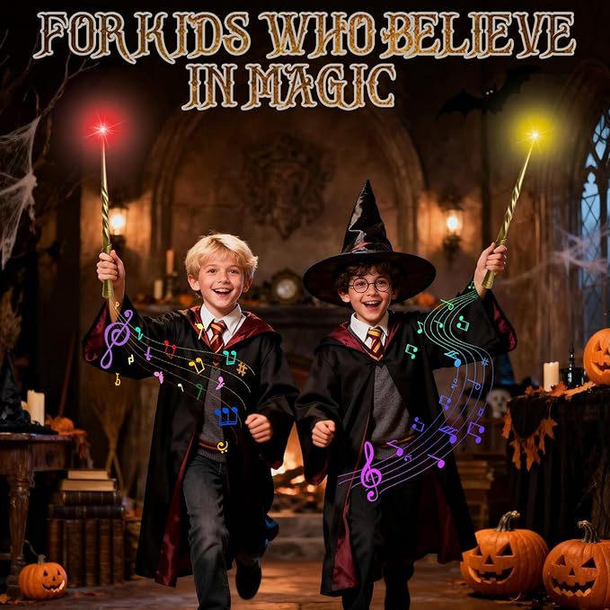 KingGlee Light Up Wizard Magic Wand Set with Sounds & 4 Light Modes – Illuminating Witch Wands for Kids Cosplay Birthday Gift, 2PCS, Golden