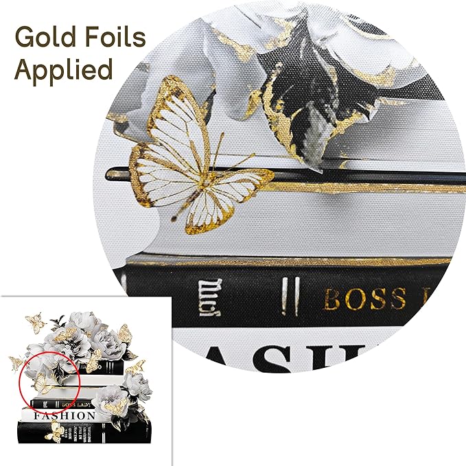 Dream Land Fashion Books Flower Wall Art: Black White Book Stack Picture 12"x12" Glam Gold Foils Butterfly Canvas Prints