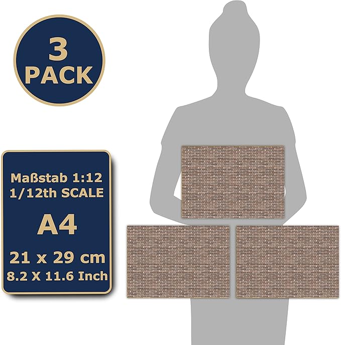 3 Sheets Self-Adhesive Wall Cladding for Dollhouse 1:12 Scale (Brown Bricks)