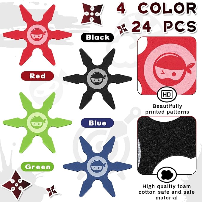 Chivao Ninja Foam Star Toys Small Throwing Foam Stars Throwing Toys Ninja Party Favors for Birthday Party Costume Accessory Halloween Cosplay, 4 Inch(24 Pcs,Blue, Red, Black, Green)