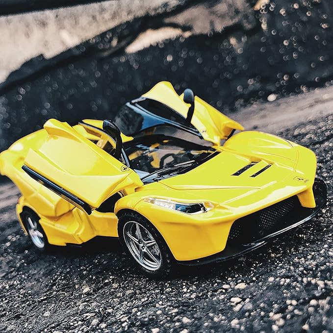 BDTCTK 1:32 Farrari Car Model Pull Back Car with Sound and Light for Kids Boy Girl, Metal Body Door Opened Yellow