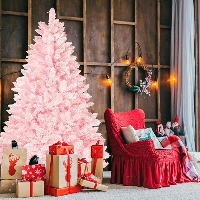 Incbruce 6ft Artificial Christmas Tree, Xmas Tree with 1,000 Branch Tips, Flocked Christmas Tree with Metal Stable Stand Base for Indoor and Outdoor Holiday Decoration(Pink)