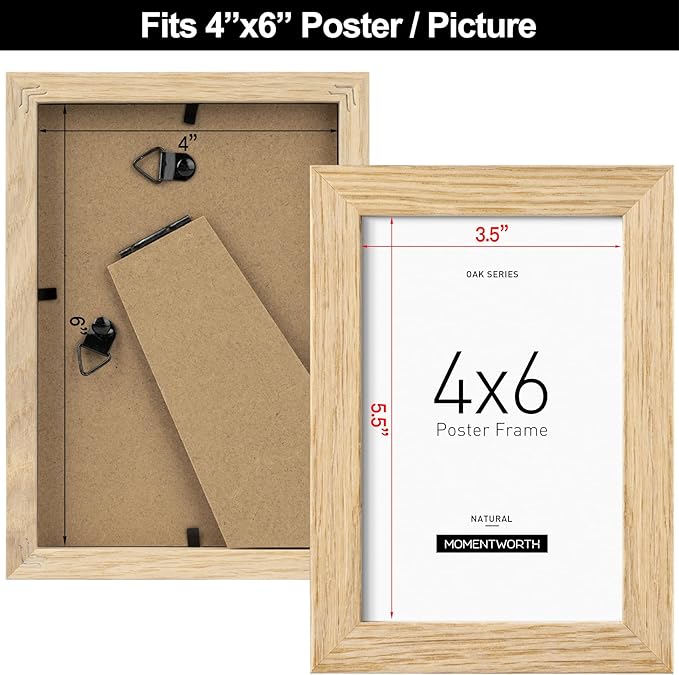 Momentworth 4x6 Picture Frame set of 3, Solid Oak Wood Picture Frames 4x6 with Tempered Glass for Wall Mount & Tabletop(3 Pack,Oak)