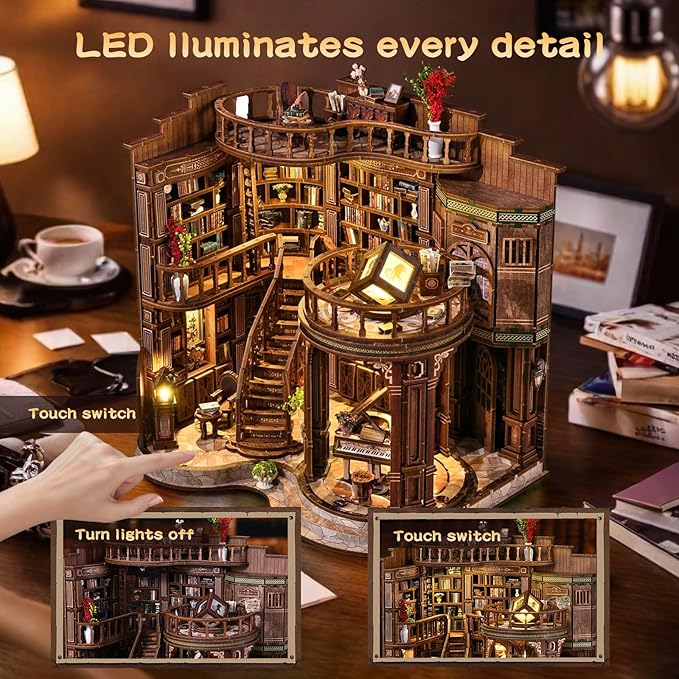 Book Nooks for Adults, DIY Miniature Dollhouse Book Nook Kit, Model Kits Craft Kits for Adults, 3D Wooden Puzzle Book Nook Craft Bookshelf Decor, Adult Craft Kits Gift with Led Light