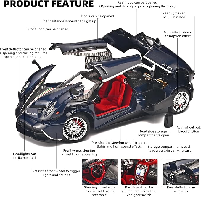 Car Toys for Boys 1 18 Scale Diecast Cars Compatible for Pagani Huayra Dinastia Model Car Kits Collection,Metal Pull Back Cars with Light and Sound,Toy Cars for Boys Age 4-7（Blue）
