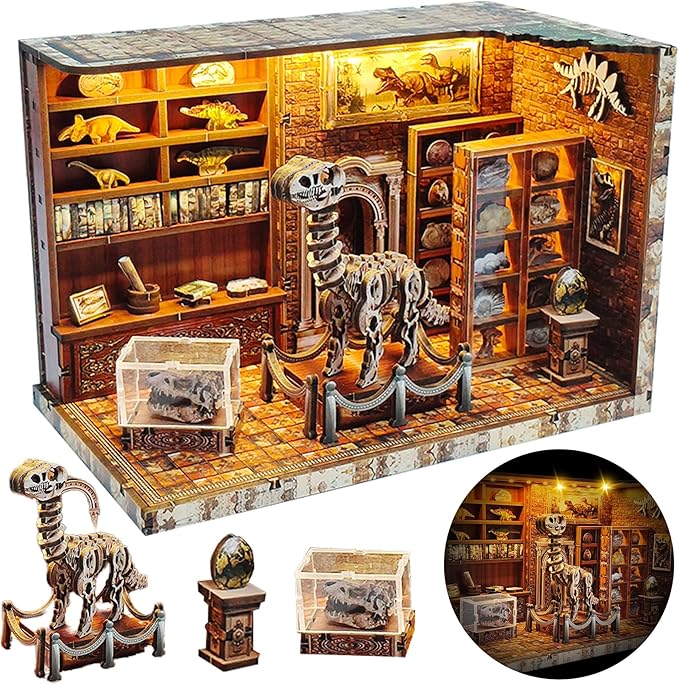 DIY Miniature House Kit – Mini House Book Nook Kit Bookend Bookcase Craft Bookshelf Home Decor with LED Light Christmas Birthday for Adults Beginners(Dinosaur Research Institute)