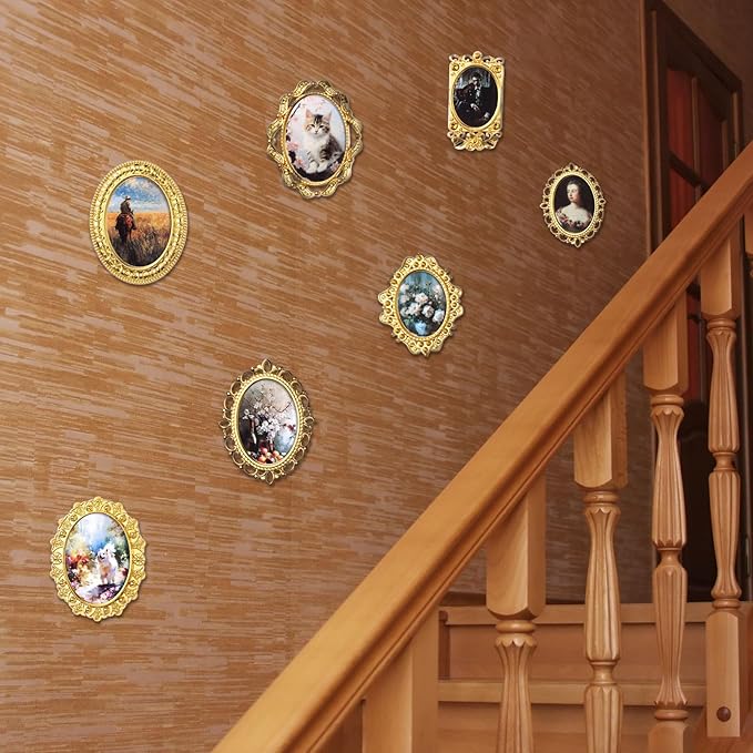 Halloscume 7 Pcs Miniature Dollhouse Accessories Picture Frames 1: 12 Scale Dollhouse Furniture Small Wood Photo Frames Mini House Decoration for Printed Paintings House DIY Art Craft (Gold)