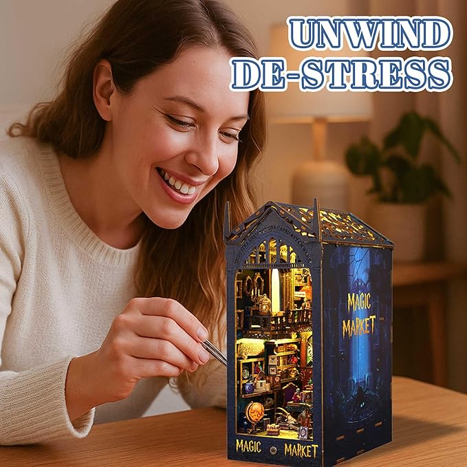 Kisoy Book Nook Kit, 3D Wooden Puzzle Booknook Build Bookshelf Decor, DIY Miniature House Kit for Adults and Teens, Mini House Arts & Craft Gifts for Family and Friends (Magic Market)