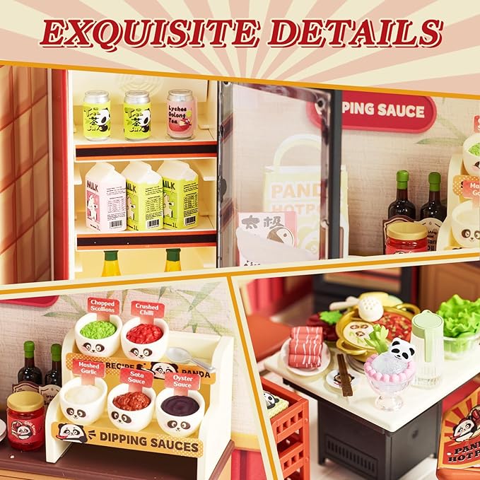 Rolife Super Creator DIY Miniature Plastic House Building Set Playset with LED, Suitable for Mini Figures Construction Toys Diorama Kit Gifts for Teens Adults (Panda Hot Pot)