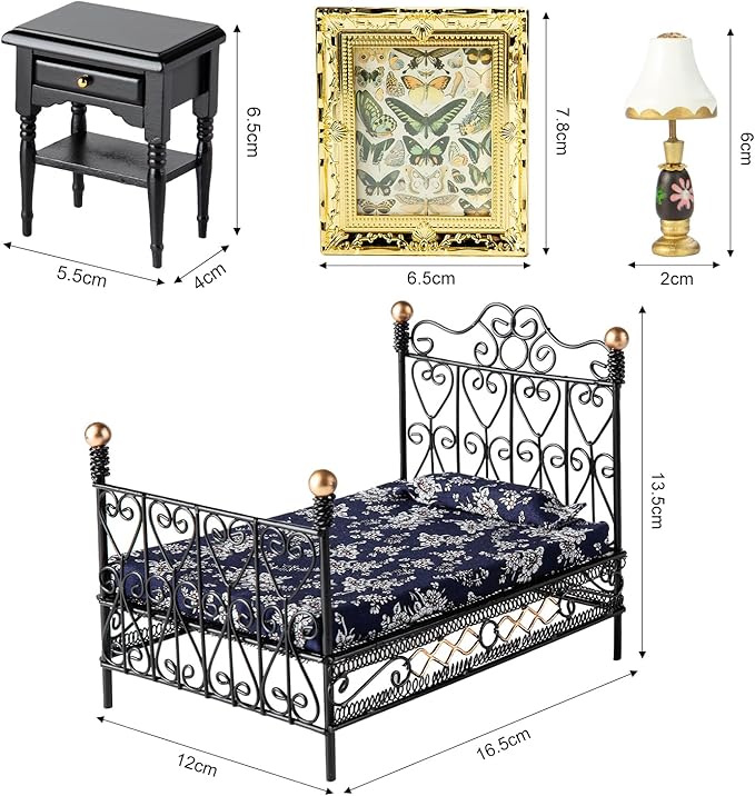 8Pcs 1:12 Dollhouse Bedroom Furniture Set Miniature Black Metal Bed with Bedding, Wooden Bedside Table, Lamp, Books, Murals for Master Bedroom Dollhouse Furniture Decorations Accessories
