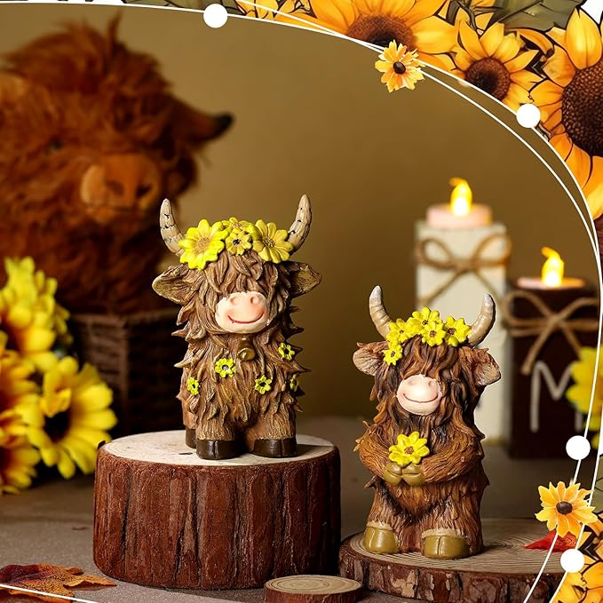 Burbell 2 Pcs Highland Cow Figurines Decor Cow Gnomes with Sunflower Resin Statue Calf Lovers Gifts for Farmhouse Home Garden Bathroom Kitchen Office Tiered Tray Table Decor