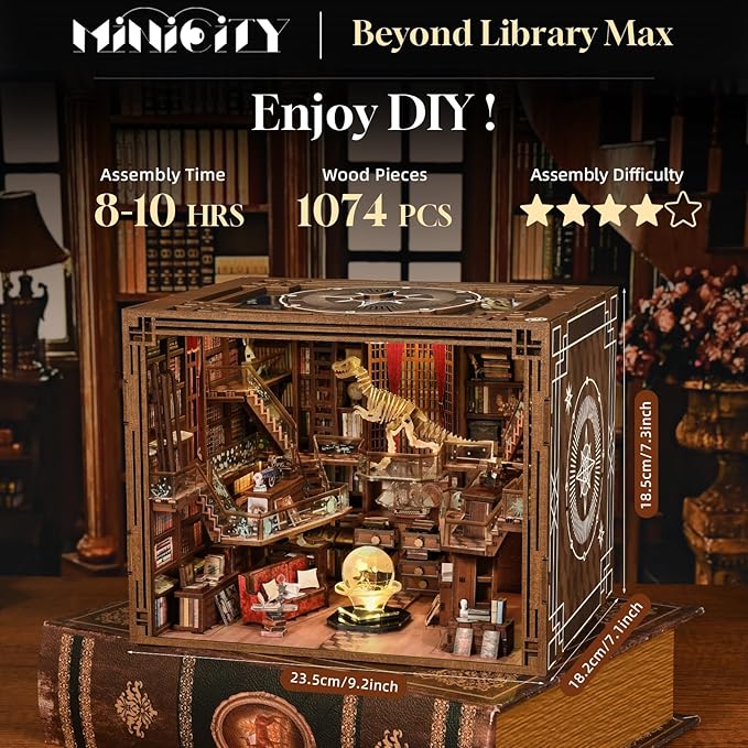 DIY Book Nook Library Kit, Miniature Dollhouse Booknook Kit, 3D Wooden Puzzle Bookend Bookshelf with LED Light for Teens and Adults (Beyond Library Max)
