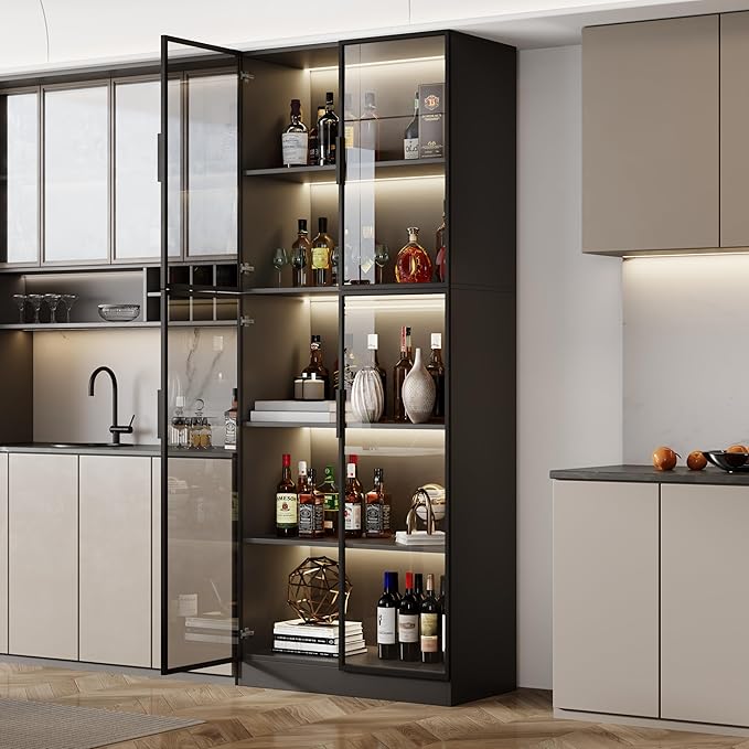 Display Cabinet with Glass Doors and Storage Shelve, Modern Display Cabinet for Collectibles Trophy Case for Display - Black (31.5 ""W x 16.5 ""D x 78.7 ""H), HJ-FF10