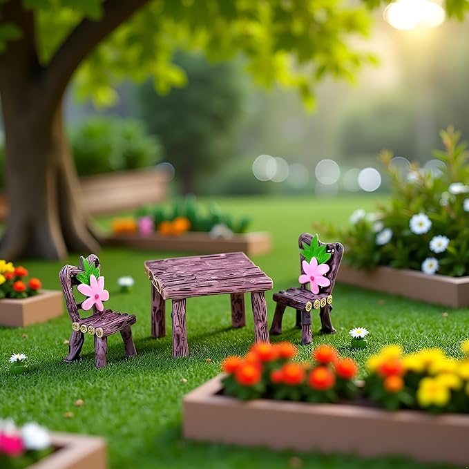 1Set Miniature Furniture Set, Mini Table and Chairs, Wooden Garden Decor for Tiny Houses, Micro Landscape Dollhouse Accessories