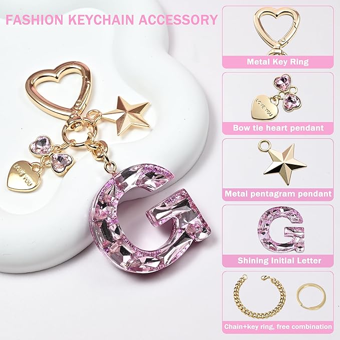 Cute Bling Keychain initial Letter Butterfly Star Pink Purple Gift for Women Girls Bag Cup Charms Accessories