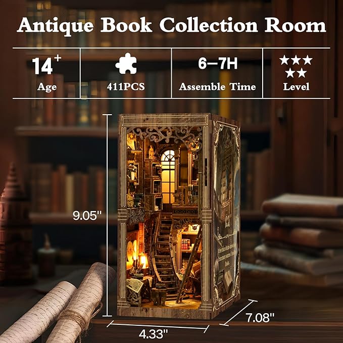 Book Nook Kit, DIY Miniature House Kit, Mini House Building Kit, Miniature Dollhouse Kit for Adults and Teens, 3D Wooden Puzzles with LED Light, Bookshelf Craft Kit (Ancient Book Collection Room)
