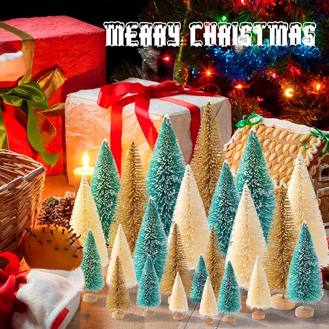 30Pcs Mini Christmas Trees, Artificial Christmas Tree Bottle Brush Trees Christmas with 5 Sizes, Sisal Snow Trees with Wooden Base for Christmas Decor Christmas Party Home Table Craft