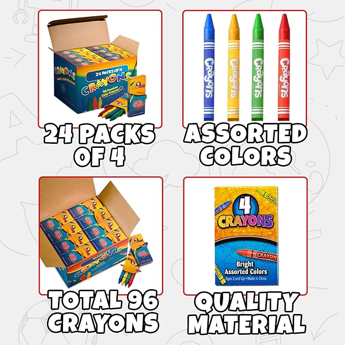 Bedwina Bulk Crayons - 96 Crayons - (Box of 24 Packs) - 4 - Per Pack, Premium Bright Colors for Kids and Toddlers, Non-Toxic for Coloring, Party Favors, Restaurants, Goody Bags, Stocking Stuffers