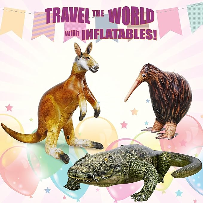 Jet Creations Life on Earth Wildlife Safari Inflatable, 3-PK, Kangaroo, Kiwi Bird, Alligator, Realistic Animals for Party Decoration, Pool, Birthday, Jungle Photo Prop