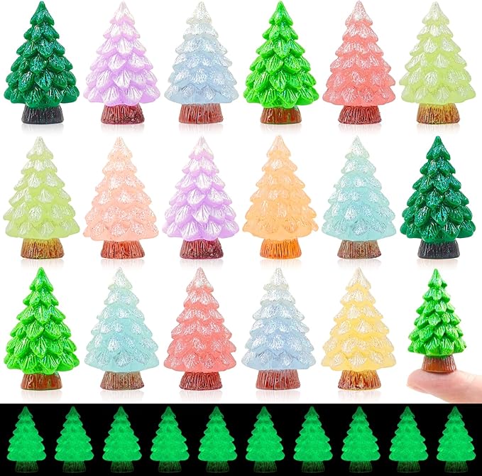 24 Pcs Mini Glitter Christmas Tree Figurines Glow in The Dark Xmas Luminous Resin Tree Miniature for Holiday DIY Crafts Garden Micro Landscape Party Home Tabletop Decoration