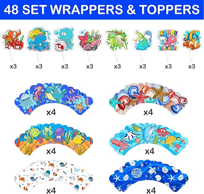 48PCS Ocean Themed Birthday Party Decorations | 24PCS Cupcake Toppers & 24PCS Cupcake Wrappers Party Favors Supplies Sea Animals Centerpiece Table Gifts for Boys Girls Carnival Prizes