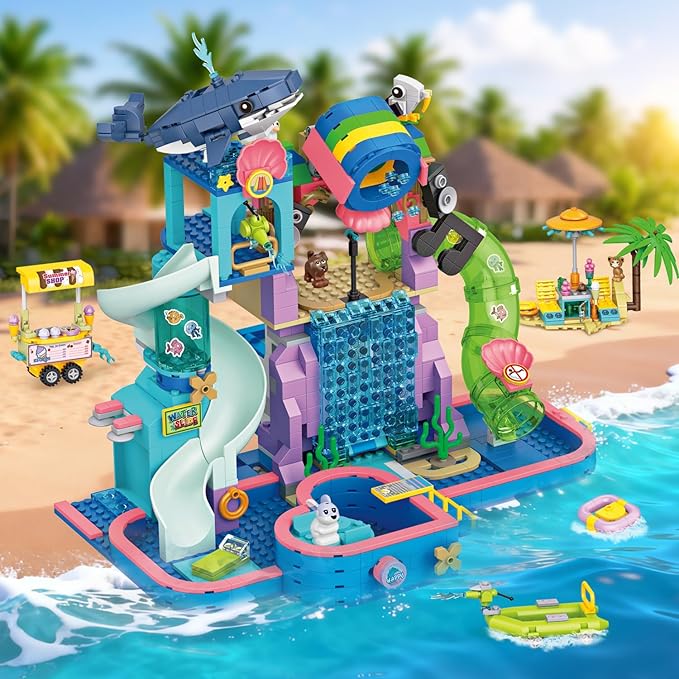 1150Pcs Friends Water Park Building Set, STEM Summer Fun Party Toy with Swimming Pool Slides,Water Canons,Diving Platform,Animal, Pretend Play Kit for kids, Birthday Gifts for Girls Ages 6-12+