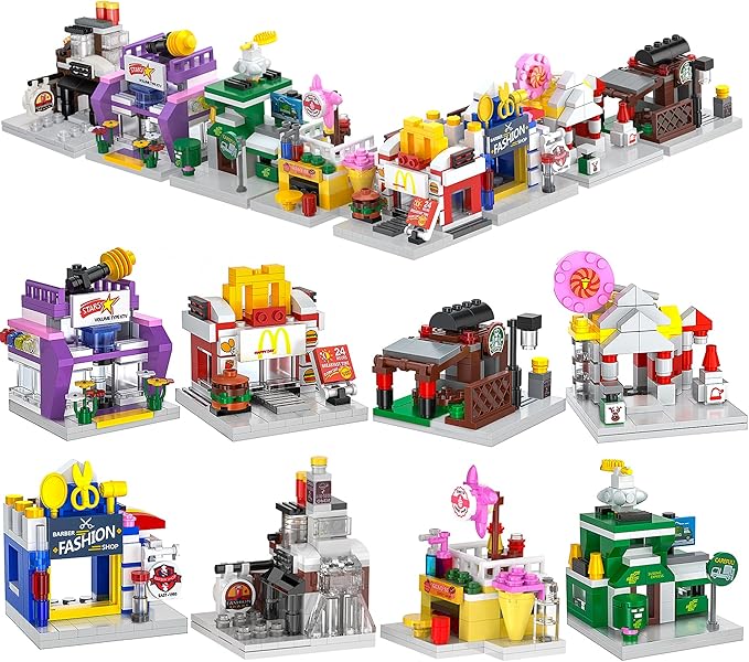 ZornRC 8 Packs Mini City Shop Street View Building Blocks Kit,MOC Construction Creative Educational Kit with Hair Salon & Café Store,Girls Boys Dream Toy Set,Christmas Birthday Party Favors for Kids