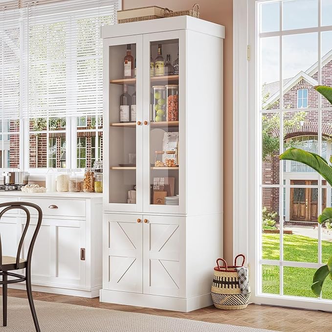 71" Tall Farmhouse Kitchen Pantry, Rustic Large Storage Cabinet with Glass Doors, Adjustable Shelves, Wood Versatile Hutch Cabinet for Dining Room, Living Room, White 4 pcs