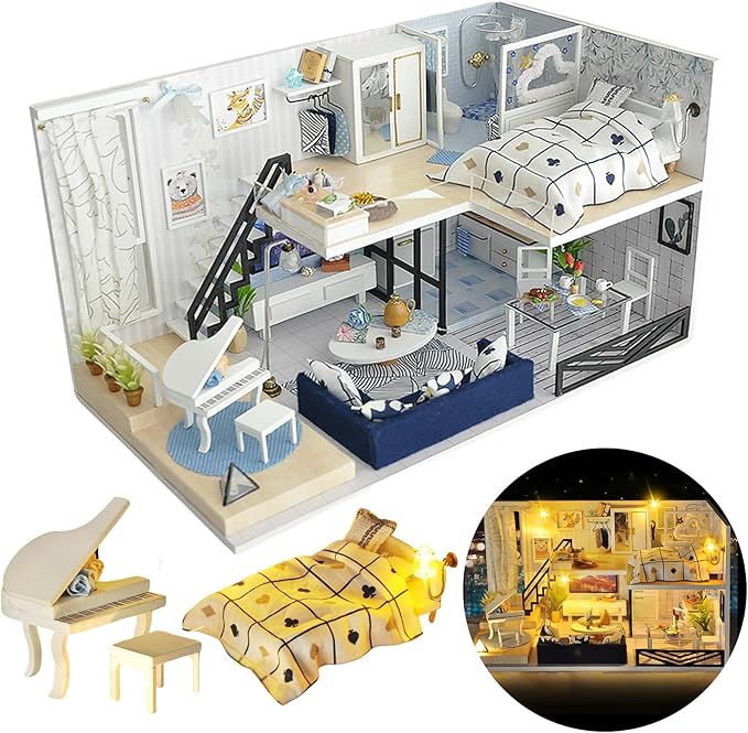 DIY Miniature House Kit, DIY Dollhouse Kit for Adults to Build, Mini House Kit with LED, Mayberry Street Miniatures, Ideal Gifts for Birthday, Halloween Christmas(Satisfied Apartment)