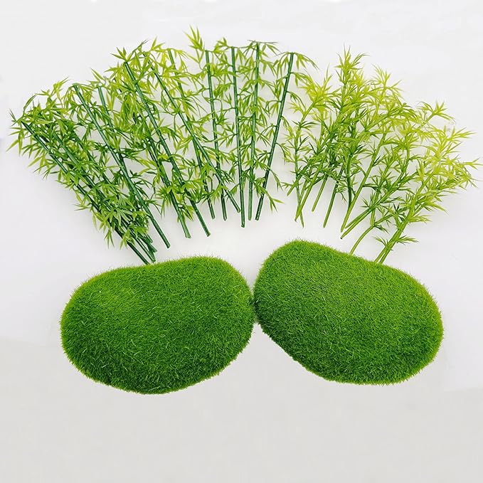 Woohome Model Bamboo Trees, 30 PCS Miniature Bamboo Trees Landscape Green Plastic Bamboo Trees and 2 PCS Artificial Moss Rocks Fake Moss Rocks for Home Decoration, Fairy Gardens