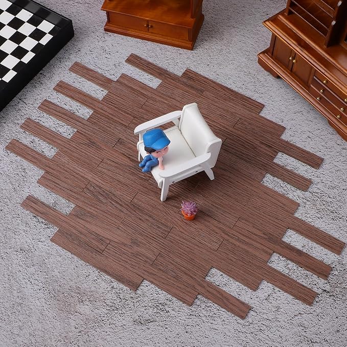 40Pcs Miniature Dollhouse Flooring Peel and Stick Self Adhesive Wood Floor Boards Realistic Doll House Accessories for DIY Mini Doll House Decoration