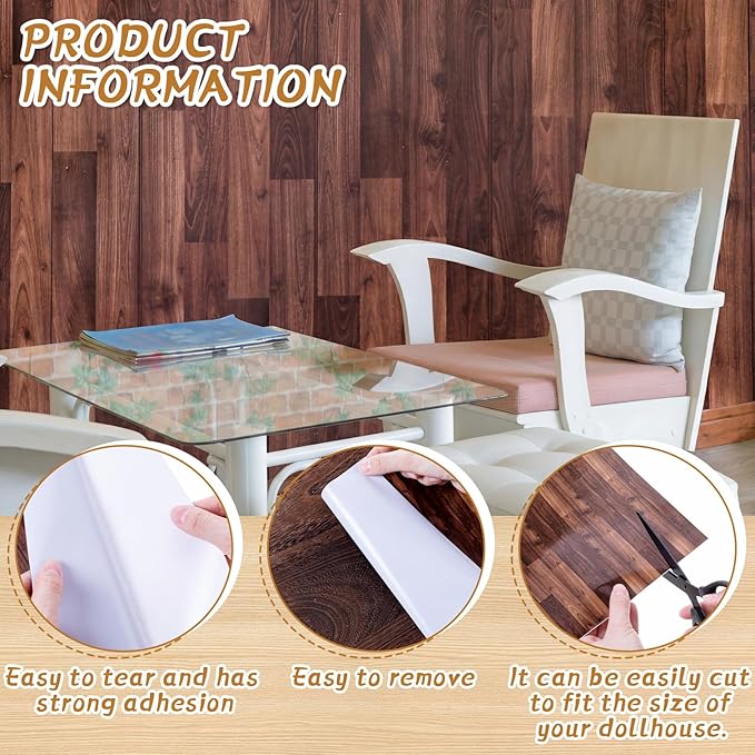 Flutesan 3 Pcs Miniature Dollhouse Wallpaper and Flooring Peel and Stick 1:12 Scale Self Adhesive Doll House Wallpaper DIY Mini Dollhouse Accessories 8.27 x 11.69 Inch (Wood Color)