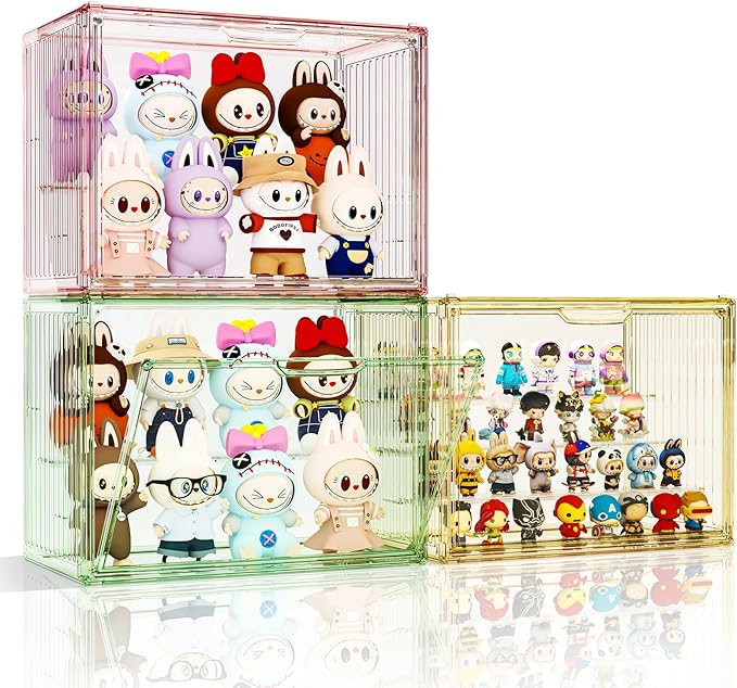 Colorful Figure Display Case for Collectibles 4 Layer Hobby Figurine Display Shelf Cases Stackable Display Boxes with Shelves for Pop Mart, Action Figures, Model, 3 Pack